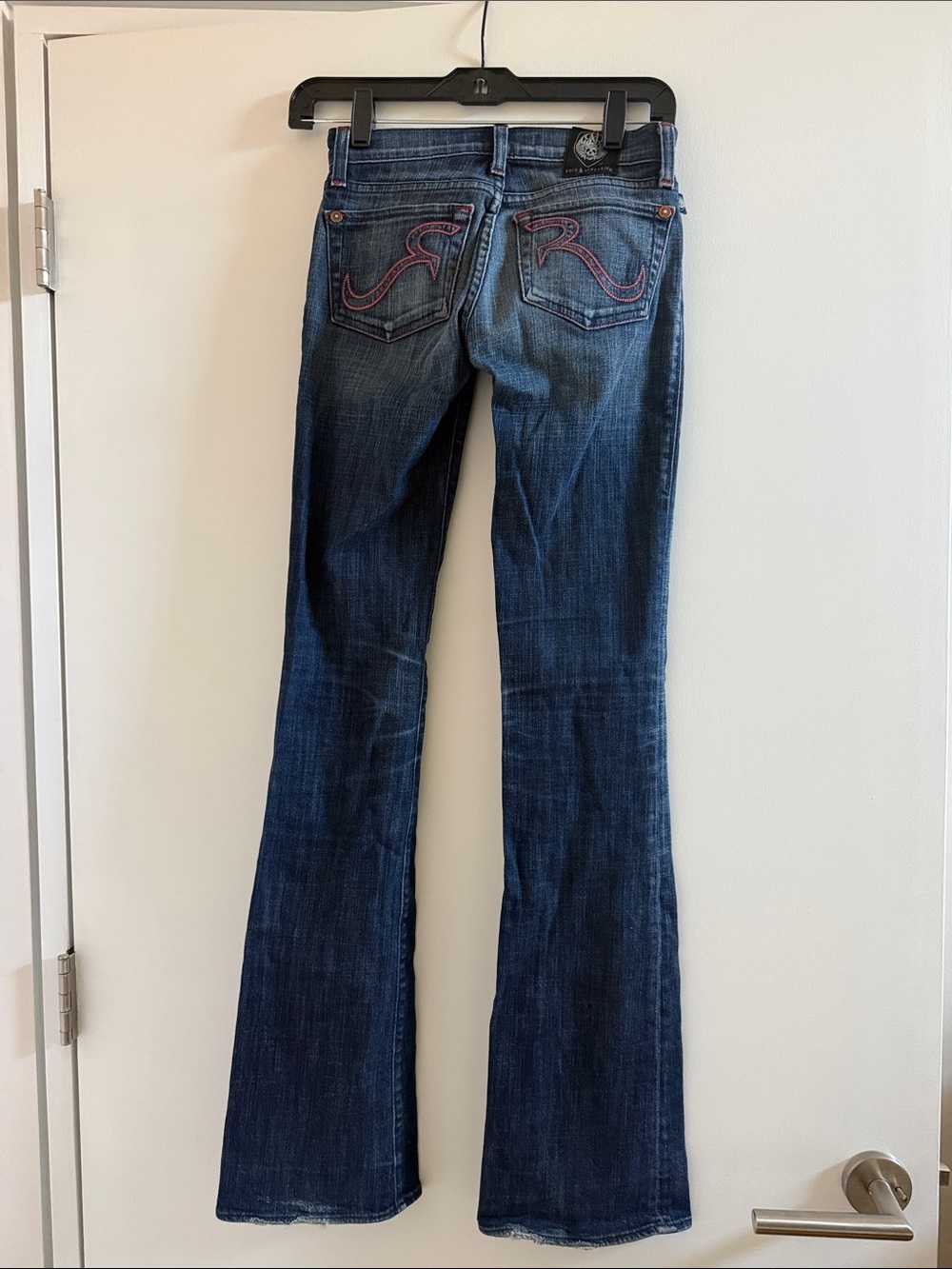 Women’s Dark Blue Bootcut Jeans with Pink Back Stitching